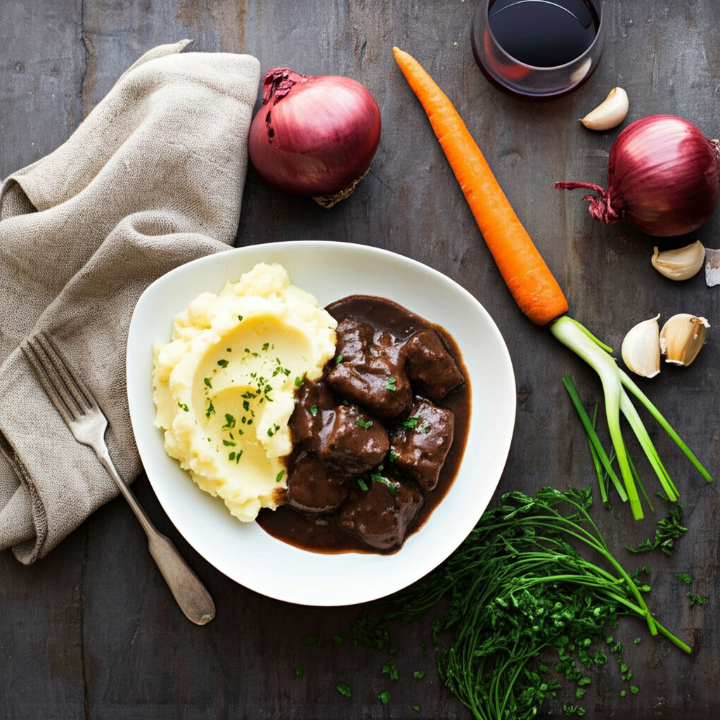 Julia's Beef Bourguignon and Garlic Mashed Potatoes
